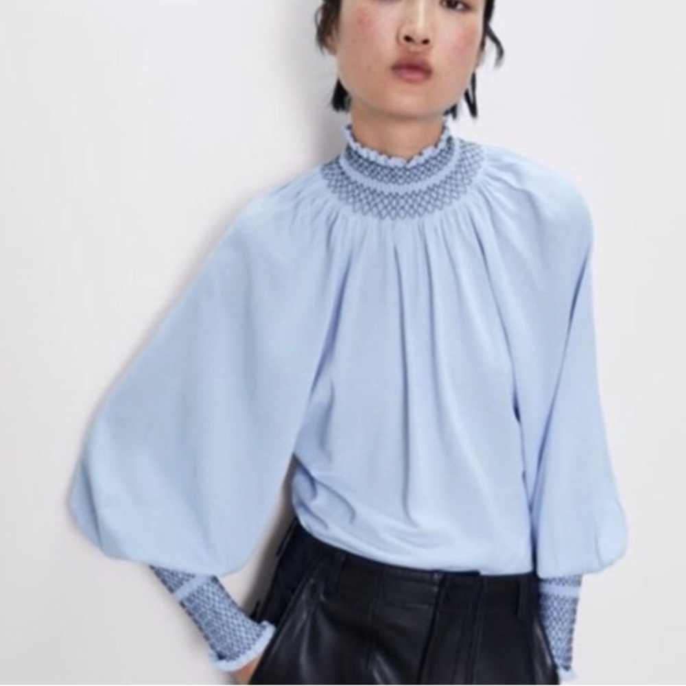 Zara light blue smocked dolman turtleneck. - Picture 2 of 11